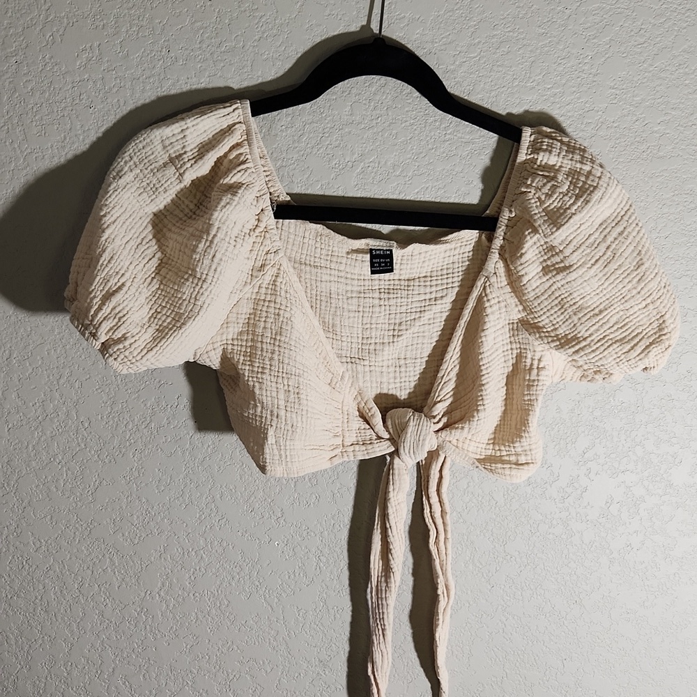 Shein Crop Top Womens Size XS Blouse Top Cotton Tie Cream Balloon Sleeve Summer